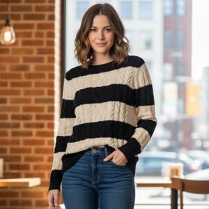 MNG Basic Woman's Black & White Striped Knitted Sweater Size M